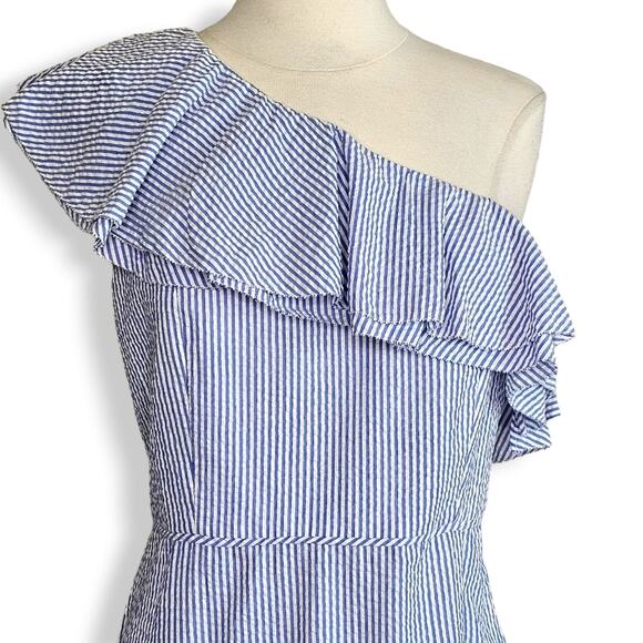 J. Crew One Shoulder Ruffle Seersucker Dress in blue size 10 NWT - Picture 11 of 15